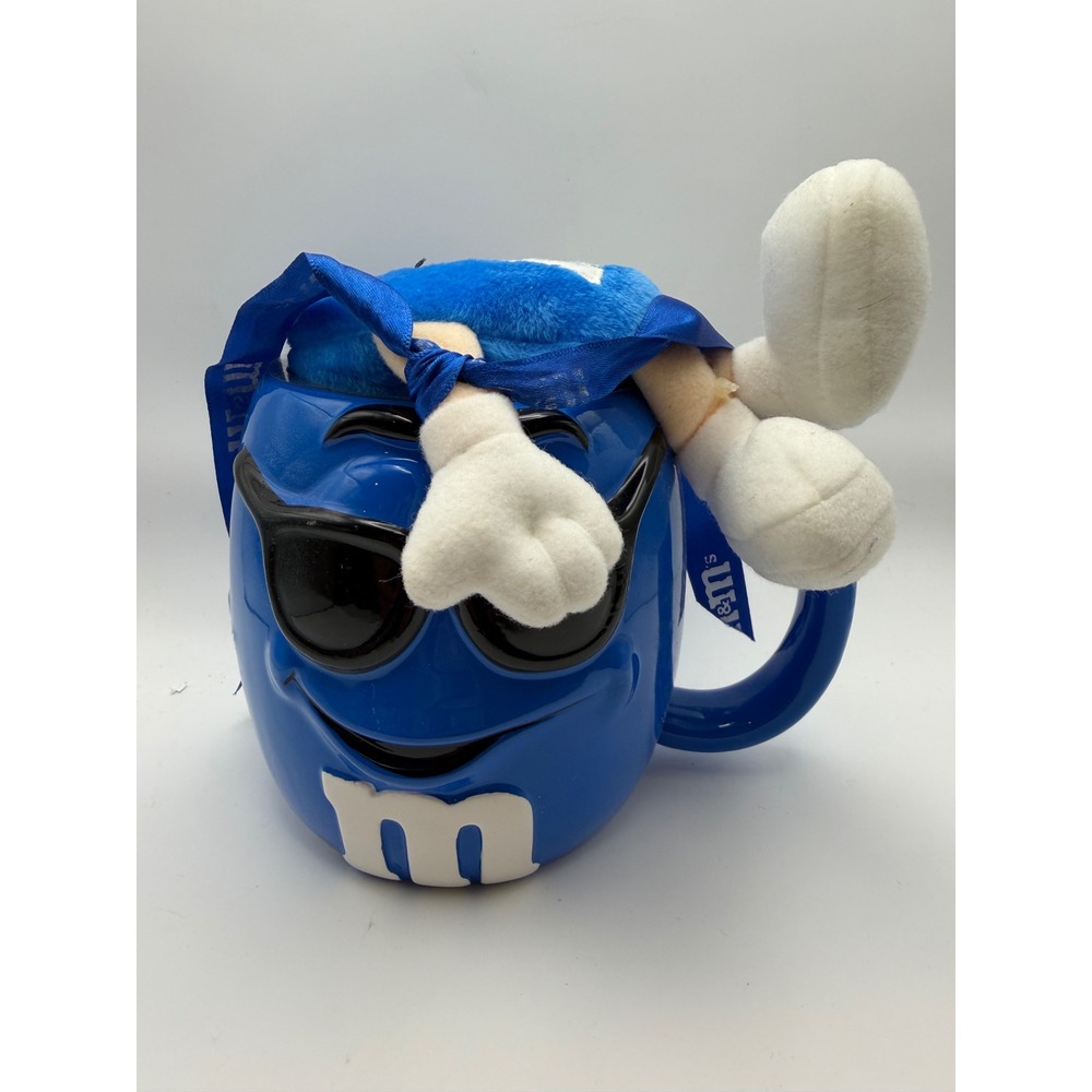 Vintage 2003 M&M's Blue Character Ceramic Mug with Plush Galerie Sunglasses 4.5"